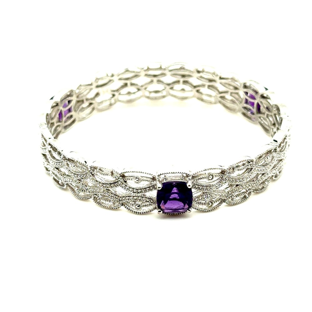BR Amethyst Purple Stone Filigree Bangle Bracelet Silver Tone Vintage‎ Style